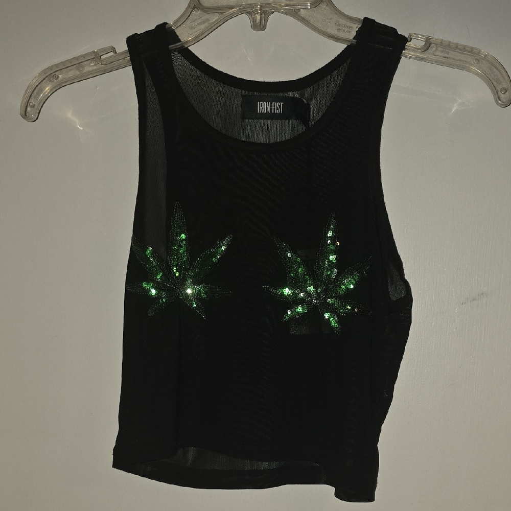 Iron Fist Black Crop Top with Green Sequin Design